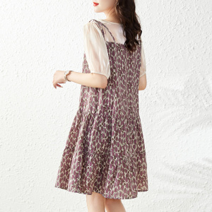RM6705#夏新款时尚简约碎花假两件大码撞色显瘦女式连衣裙短袖
