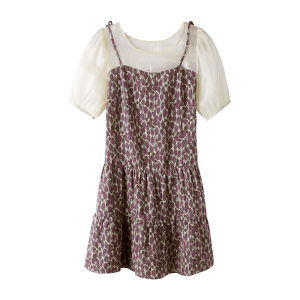 RM6705#夏新款时尚简约碎花假两件大码撞色显瘦女式连衣裙短袖
