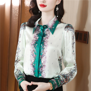 RM24111# 气质美醉！闭眼收！2013秋季新款复古印花翻领宽松时尚真丝衬衫女