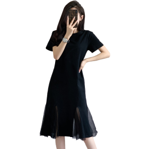 RM12184#中长款T恤裙网纱拼接大码连衣裙