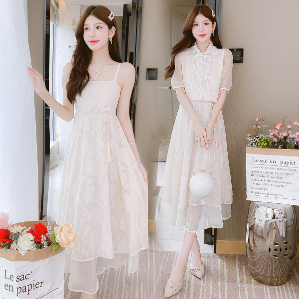 RM7433#新款短袖改良开衫吊带两件套甜美淑女中国风夏季连衣裙
