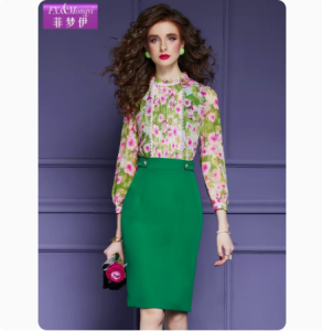 RM9106#假两件碎花连衣裙女春装新款法式高级修身绿色职业包臀裙子