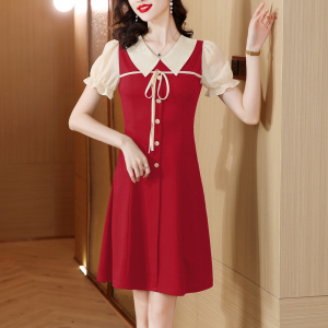 RM11670#夏季新款大码女装连衣裙短袖娃娃领拼接显瘦淑女裙