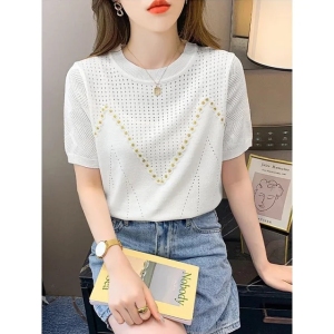 RM5740#潮牌冰丝短袖t恤女2023年新款夏季设计感小众宽松镂空针织衫上衣