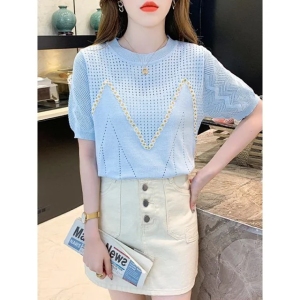 RM5740#潮牌冰丝短袖t恤女2023年新款夏季设计感小众宽松镂空针织衫上衣