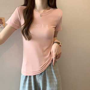 RM5585#韩系粉色短袖t恤女夏字母内搭简约百搭小众体恤洋气欧货半袖