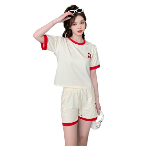 RM6161#夏季刺绣短款圆领T恤跑步休闲运动套短裤两件套装女