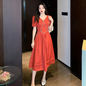 RM5564#夏季新款时尚V领收腰显瘦大摆褶皱长款连衣裙