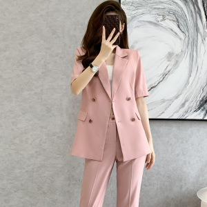 RM5706#高级感时尚气质粉色短袖西装套装女夏季薄款休闲西服主持人职业装