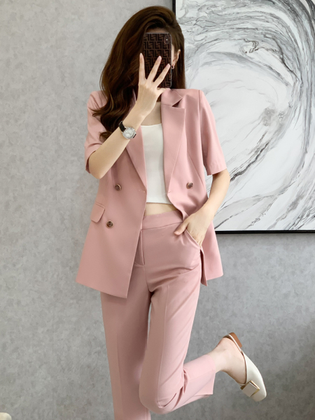 RM5706#高级感时尚气质粉色短袖西装套装女夏季薄款休闲西服主持人职业装