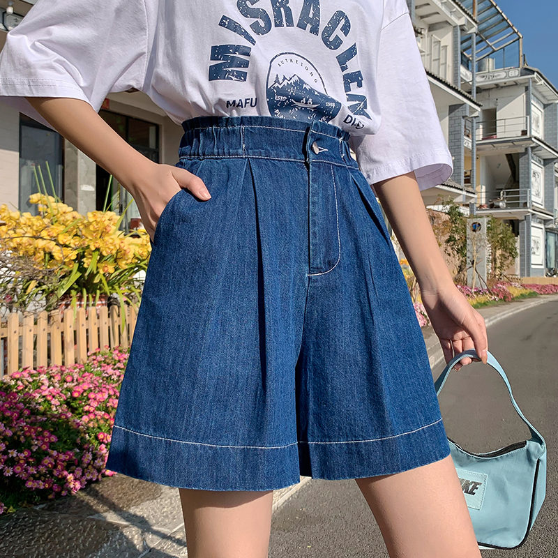 實拍牛仔短褲女潮ins夏季新款百搭寬松高腰顯瘦直筒闊腿五分褲子