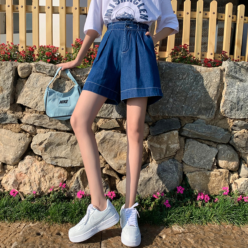 實拍牛仔短褲女潮ins夏季新款百搭寬松高腰顯瘦直筒闊腿五分褲子