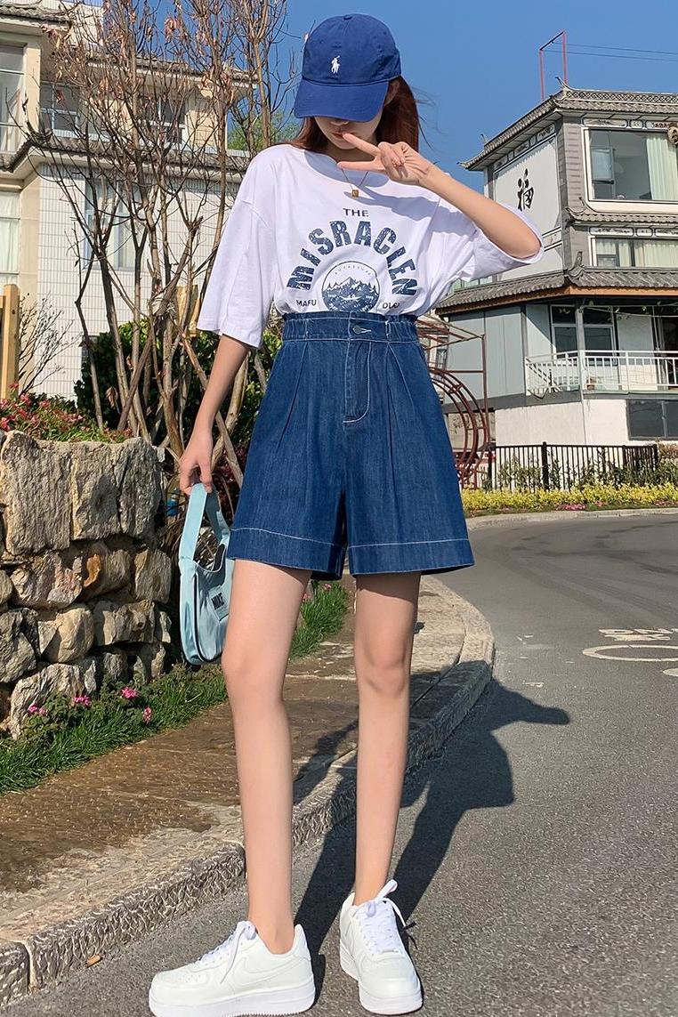 實拍牛仔短褲女潮ins夏季新款百搭寬松高腰顯瘦直筒闊腿五分褲子