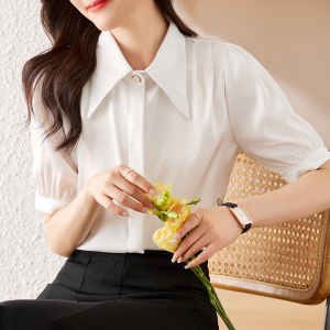 RM7206#新款法式纯色翻领单排扣短袖雪纺衬衫女夏季薄款上衣