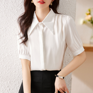 RM7206#新款法式纯色翻领单排扣短袖雪纺衬衫女夏季薄款上衣