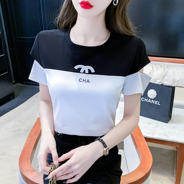 RM15308#短袖设计感套头圆领T恤拼色休闲简约女装上衣夏季修身显瘦