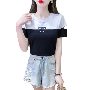 RM15308#短袖设计感套头圆领T恤拼色休闲简约女装上衣夏季修身显瘦