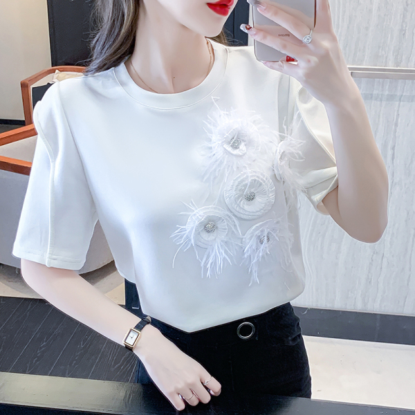 RM10955#纯色短袖夏季T恤女装新款设计感小众花朵简约百搭休闲上衣