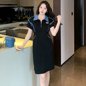 RM6673#设计感拼接黑色连衣裙女2023年夏季中长款收腰显瘦气质卫衣裙