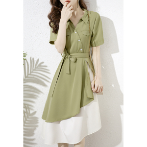 RM11668#牛油果绿高级感不规则连衣裙2023夏季新款设计小众气质收腰衬衫裙