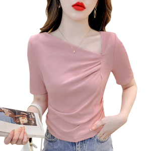 RM5690#别致不规则心机斜领T恤女2023夏季新款洋气褶皱修身短袖上衣