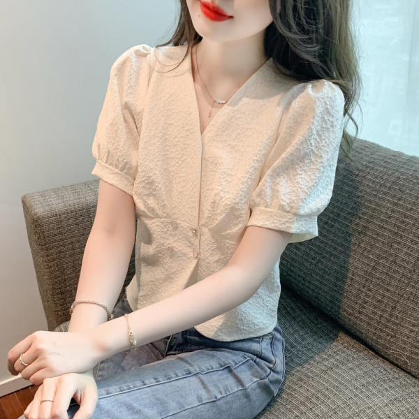 RM10182#夏季新款提花蕾丝T恤简约百搭气质韩版小衫复古双排扣
