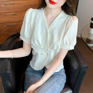 RM10182#夏季新款提花蕾丝T恤简约百搭气质韩版小衫复古双排扣