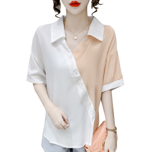RM5691#拼接条纹短袖衬衫女2023夏季新款洋气设计感撞色宽松显瘦上衣
