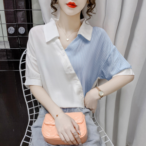 RM5691#拼接条纹短袖衬衫女2023夏季新款洋气设计感撞色宽松显瘦上衣