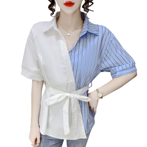 RM5692#拼接条纹短袖衬衫女2023夏季新款设计感小众系带收腰百搭上衣