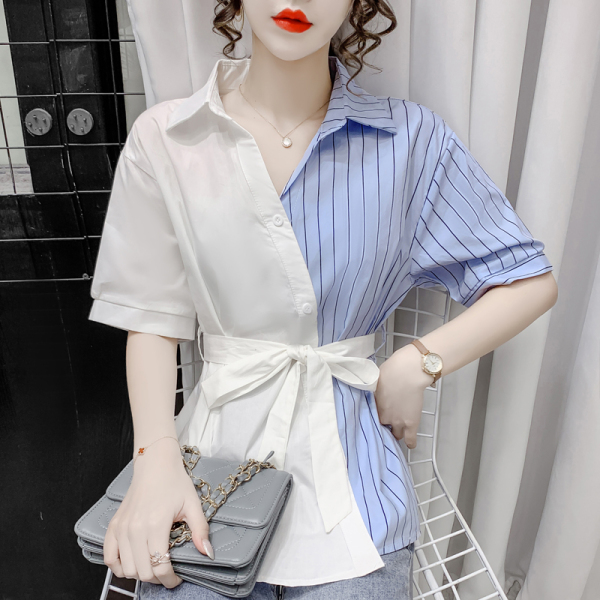 RM5692#拼接条纹短袖衬衫女2023夏季新款设计感小众系带收腰百搭上衣
