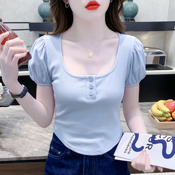 RM18074#夏季新款女装T恤短款法式方领修身显瘦