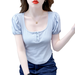 RM18074#夏季新款女装T恤短款法式方领修身显瘦
