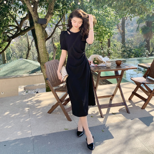 RM6932#黑色显瘦连衣裙女夏季赫本风气质收腰绝美小裙子