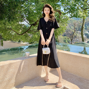 RM12527#夏季巨显瘦小黑裙微胖mm梨型身材连衣裙法式收腰桔梗裙子