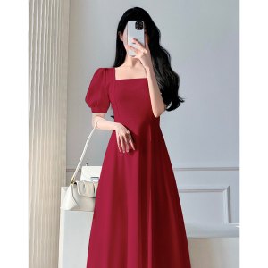 RM5996#高级感赫本风黑色连衣裙女夏2023新款茶歇法式方领红白色气质长裙