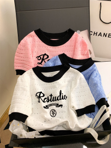 RM5799#新款复古甜酷风镂空字母泡泡袖针织短袖T恤女修身短款上衣