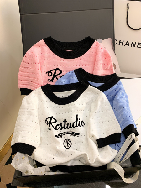 RM5799#新款复古甜酷风镂空字母泡泡袖针织短袖T恤女修身短款上衣