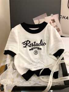 RM5799#新款复古甜酷风镂空字母泡泡袖针织短袖T恤女修身短款上衣