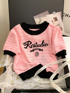 RM5799#新款复古甜酷风镂空字母泡泡袖针织短袖T恤女修身短款上衣