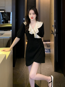 RM5861#夏季新款法式V领短袖荷叶边连衣裙黑色系带显瘦裙子