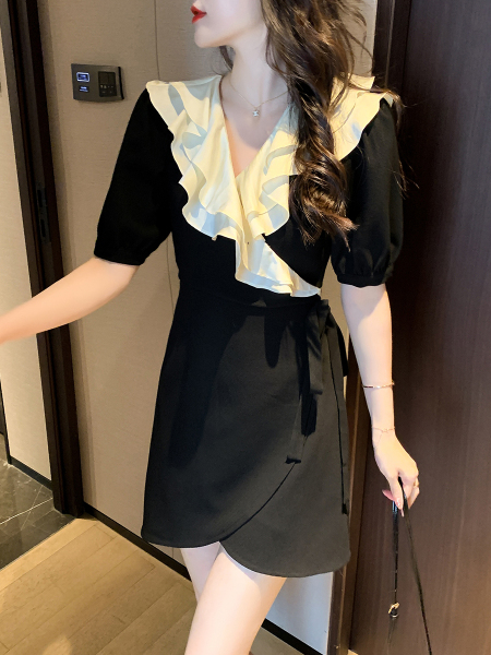 RM5861#夏季新款法式V领短袖荷叶边连衣裙黑色系带显瘦裙子