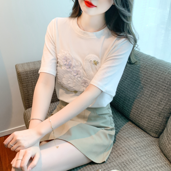 RM5572#夏季新款圆领套头纯棉T恤钉珠重工洋气显瘦短袖上衣女