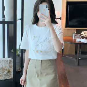 RM5572#夏季新款圆领套头纯棉T恤钉珠重工洋气显瘦短袖上衣女