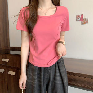 RM9851#鱼骨方领短袖t恤女2023年夏新款纯欲辣妹短款设计感修身上衣