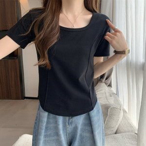 RM9851#鱼骨方领短袖t恤女2023年夏新款纯欲辣妹短款设计感修身上衣