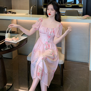 RM13320#法式连衣裙女夏2023新款方领粉色碎花泡泡袖收腰a字裙茶歇裙