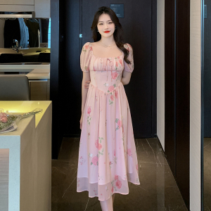 RM13320#法式连衣裙女夏2023新款方领粉色碎花泡泡袖收腰a字裙茶歇裙