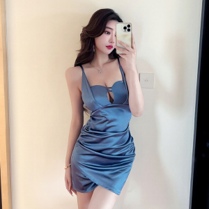 Hollow out open chest satin tight wrap buttocks pleated slimming strap dress
