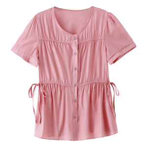 RM5937#夏季新款中长款宽松系带棉麻上衣短袖妈妈装遮肚子